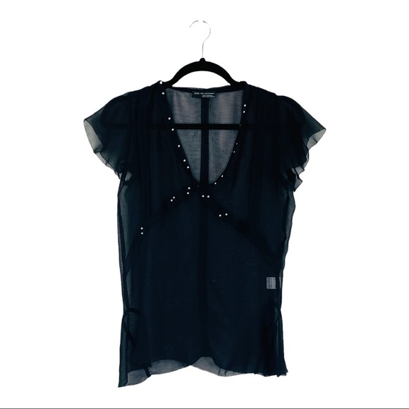 ZARA W&B Collection Chiffon Sheer Short Sleeve Top Embellished w/ Faux Pearls S - Picture 3 of 7
